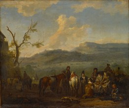 Gentle hunting party at picnic, oil on canvas, 33.5 x 39.5 cm, signed lower right: JHughtenburgh [J