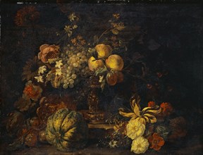 Still Life with Flowers and Fruit, 1682, oil on canvas, 71 x 91.5 cm, Signed and dated in the lower