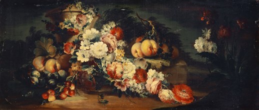 Stone vase with flowers and fruits, oil on canvas, 47 x 109 cm, unmarked, Niederländischer Meister,
