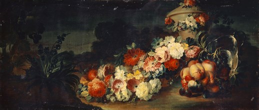 Stone vase with flowers and fruits, oil on canvas, 47 x 109 cm, unmarked, Niederländischer Meister,