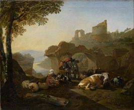 Resting shepherds, 1660, oil on canvas, 67.5 x 82 cm, signed and dated left on the lying tree trunk