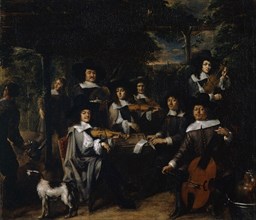 Concert in a gazebo, mid-17th century, oil on canvas, 67.5 x 79 cm, signed and dated lower right on