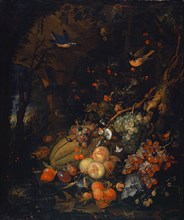 Still life with fruits and animals in a grotto, oil on canvas, 103 x 86 cm, Monogrammed on the