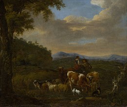 Shepherds with cows, sheep and goats, oil on canvas, 57.5 x 68 cm, bottom right of the log below