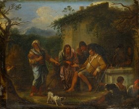 Fortune Teller in front of an Italian peasant's bar, oil on canvas, 48 x 61 cm, unmarked,