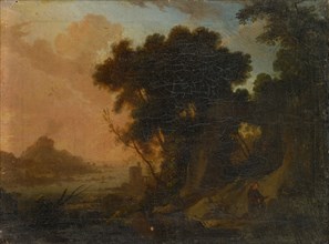 Landscape with a hermit, 1696, oil on canvas, 23 x 31 cm, Signed and dated on the rock in the