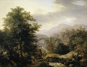 Paysage montagneux avec figures et torrent, c. 1801, oil on walnut, 72.5 x 93 cm, unmarked,