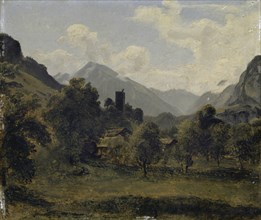Landscape with castle, oil on paper, on cardboard, 18 x 21.5 cm, Signed on the back left: W. U.