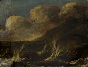 Stormy sea with fishermen, oil on canvas, 48 x 64.5 cm, not specified, Salvator Rosa, (Art (?) /