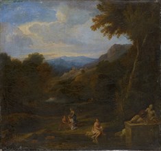 Landscape with river god and women, oil on canvas, 45 x 49 cm, not marked, Gaspard Dughet (Gaspard