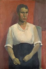 Portrait of a lady in a white blouse, oil on burlap, 98.5 x 66.5 cm, unmarked, Franz Marent, Basel