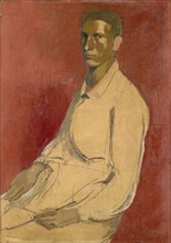 Self-portrait in three-quarter figure, oil on burlap, 93.5 x 65 cm, unmarked, Franz Marent, Basel