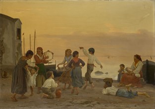 Saltarello dancing children on the beach of Capri, 1873, oil on canvas, 44 x 63 cm, signed,