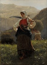 Haslitalerin, coming home from the haymaking, 1876, oil on canvas, 102.8 x 74.5 cm, signed and