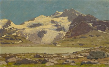 Alpine landscape with lake, oil on board, 17 x 27.5 cm, signed lower left: J. Geisser., Joseph