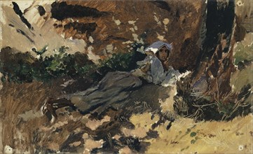 Girl lying in the woods, oil on canvas, 32.5 x 53.5 cm, unsigned, Frank Buchser,
