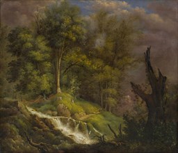 Forest landscape with waterfall, 1825, oil on zinc sheet, 50.7 x 44 cm, signed and dated on the