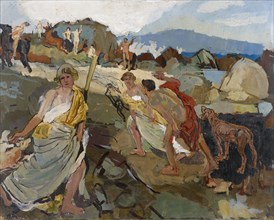 Amazons and hunters by the sea, oil on board, 40 x 50 cm, unmarked, Carl Burckhardt, Lindau/Zürich