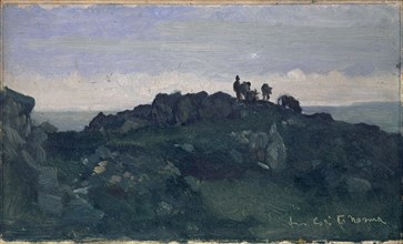 Rocky landscape by the sea with herdsman and cows between Cori and Norma, oil on panel, 14.5 x 24.5
