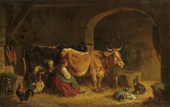 In the stable, 1852, oil on canvas, 57.5 x 90 cm, signed, dated and inscribed lower left: Friedr.,