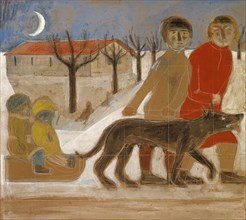 Design for a mural: Children with sledge, 1929, tempera and colored pencil on cardboard, 65.5 x 73