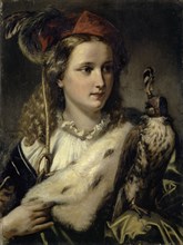 Edelfräulein with a falcon, 1856, oil on canvas, 61 x 45 cm Lichtmass, Signed and dated center