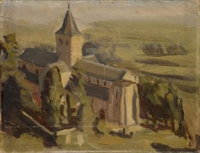 Landscape with medieval church, oil on board, 24.5 x 32 cm, not marked, William de Goumois, Basel