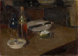 Still Life with Plate and Bottle, 1910, oil on canvas, 25 x 34 cm, signed and dated lower right: A.