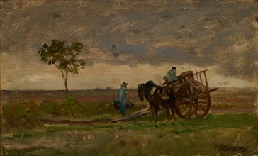 Wide landscape with farm carts, oil on oak wood, 14 x 23.1 cm, signed lower right: Daubigny,