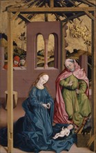 The Nativity, c. 1480/90, mixed technique on softwood, 76 x 48.5 cm, unmarked., On the ribbon of