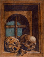 Two skulls in a window niche, c. 1520, mixed technique on basswood, 33 x 25 x 0.5 cm, unmarked,