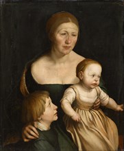 Portrait of the artist's wife with the two eldest children, c. 1528/29, mixed technique on paper,