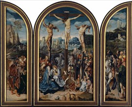 The Crucifixion of Christ, c. 1520-1530, oil on oak, 80 x 46 cm (center panel) |, 77.4 x 18.8 cm