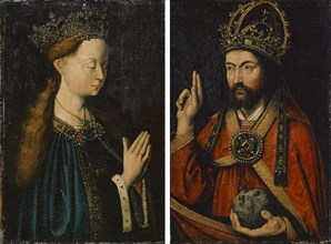 Mary and Christ as Salvator Mundi (fronts), Coat of arms paintings in gray-green grisaille (backs),