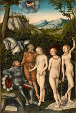 The judgment of Paris, 1528, mixed media on beechwood, 84.7 x 57 cm, monogrammed and dated lower