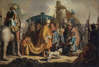 David hands Goliath's head to King Saul, 1627, oil on oak, 27.4 x 39.7 cm, monogrammed and dated