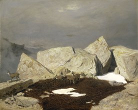 High mountain landscape with chamois, c. 1849, oil on canvas, 32.5 x 41 cm, unsigned, Arnold