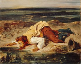 Brigand blessé (Pâtre romain), c. 1825, oil on canvas, 32.7 x 40.8 cm, signed lower right: Eug.,