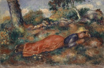 Jeune fille couchée sur l'herbe, around 1890/1895, oil on canvas, 20.4 x 31.4 cm, signed lower