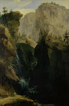 Canyon with waterfall, 1775, oil on canvas, 81.5 x 53.8 cm, signed and dated lower right (under