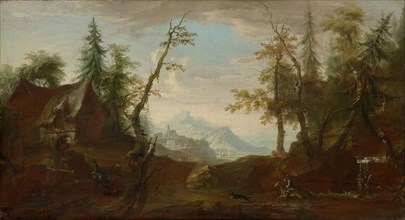Farmhouse at a clearing with horsemen, c. 1765/68, oil on canvas, 63.8 x 117 cm, unsigned, Caspar