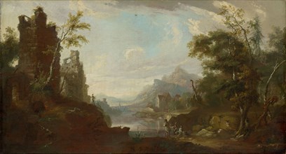 Castle ruin on a lake with fishermen, around 1765/68, oil on canvas, 63.8 x 116.6 cm, unsigned,