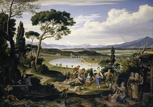 Tiber area near Rome with a rural festival, 1818, oil on canvas, 74.4 x 104.5 cm, signed and dated