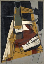 Bouteille et compotier (Bouteille, journal et compotier), 1916 (July), oil on plywood, 72.5 x 50