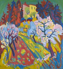 Villa Loverciana with flowering trees, 1926, oil and tempera on canvas, 120.5 x 110.5 cm, signed