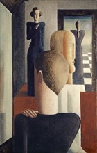 Five figures in the room, Roman, 1925, oil on canvas, 97.1 x 62.2 cm, inscribed with brush in black