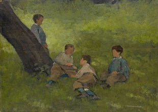 Boys in the Green, oil on canvas, 36.5 x 60 cm, signed lower left: Th. Preiswerk, Theophil