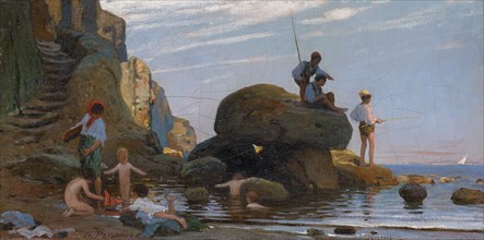 Fisherman and Children Bathing on the Beach, 1873 (?), Oil on canvas, 30 x 59 cm, signed lower