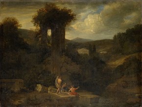 Landscape with ruined temple and fishermen by a body of water, oil on canvas, 67 x 91 cm, unmarked,