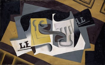 Verre et journal, 1917 (August), oil on plywood, 37.9 x 60.9 cm, signed, inscribed and dated lower